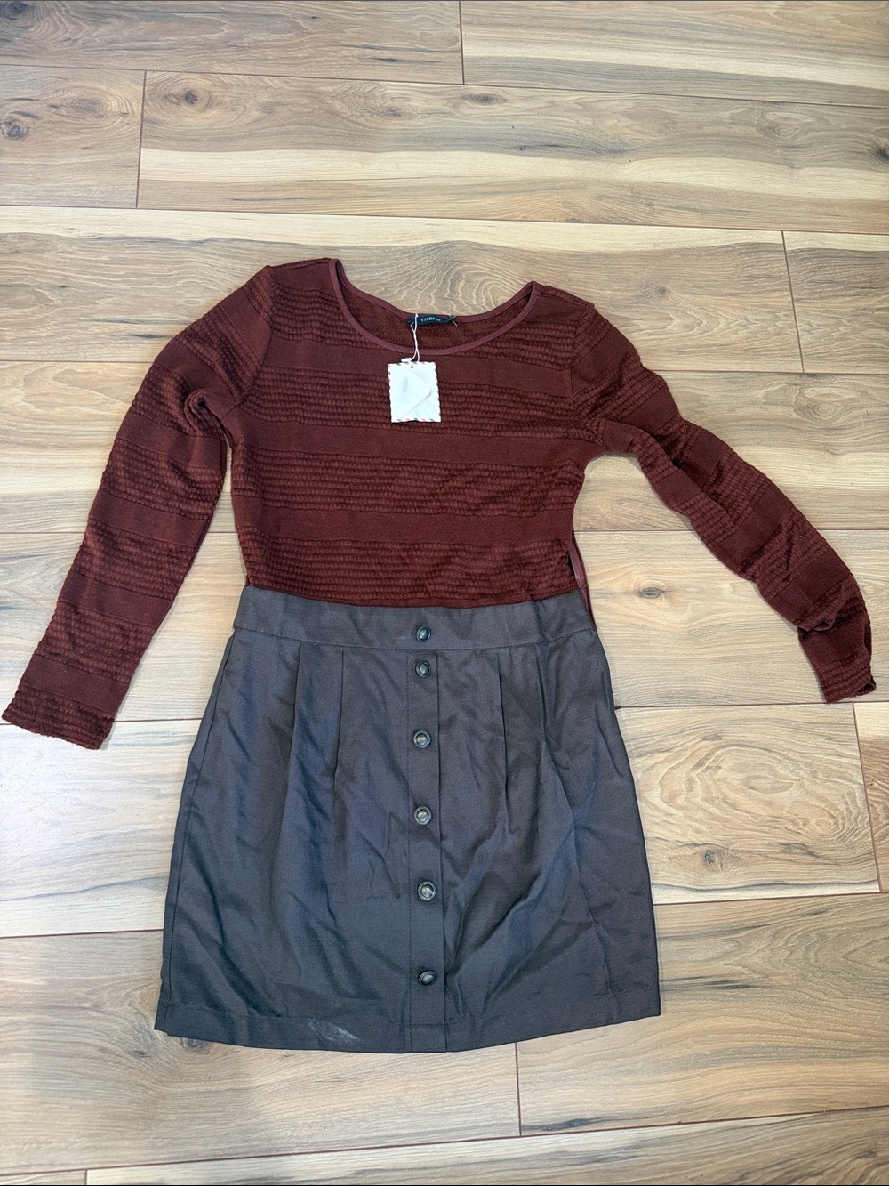 Theme chocolate Ribbed Long-Sleeve Top with Brown Button-Front Skirt